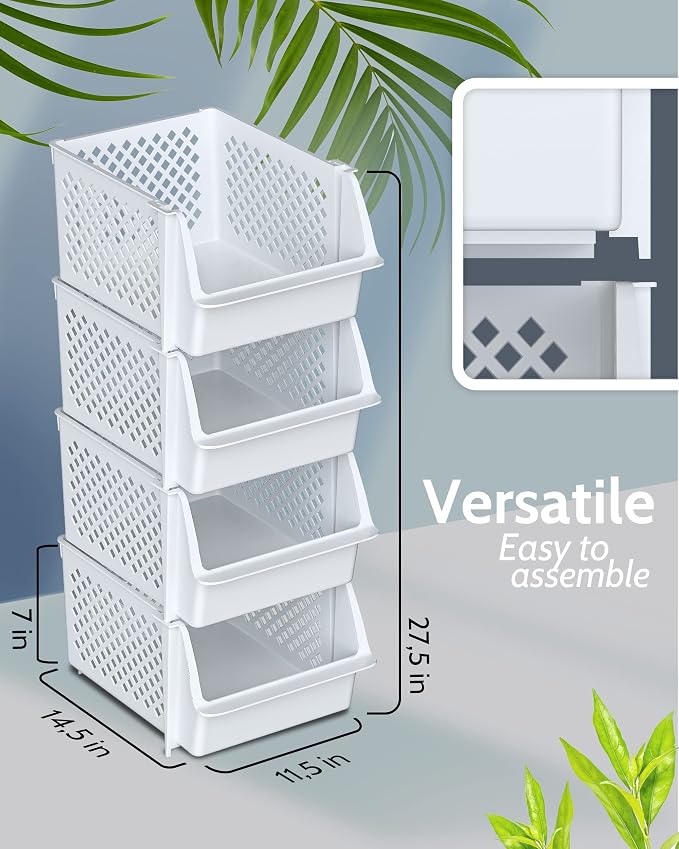 Skywin Stackable Storage Bins Open Front for Pantry Storage, 8 Pack - White | Sturdy Plastic, Easy Stacking, Open Front Access, Ventilated Sides, Vertical & Space Saving Pantry Organizers and Storage Bin - Image 3