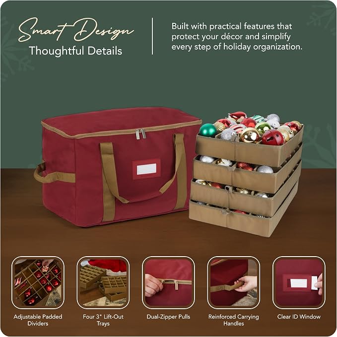 Covermates Keepsakes Adjustable Ornament Storage Bag – Heavy-Duty Polyester, Padded Dividers & FlexGrid Trays – Protective Holiday Ornament Organizer with Handles & Label Window, Red - Image 4