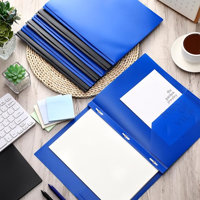 Cholemy 72 Packs Pocket Folders with Prongs Heavy Duty Plastic Folder with Business Card Slot 3 Prong Fasteners for School Office (Black,Blue) - Image 4