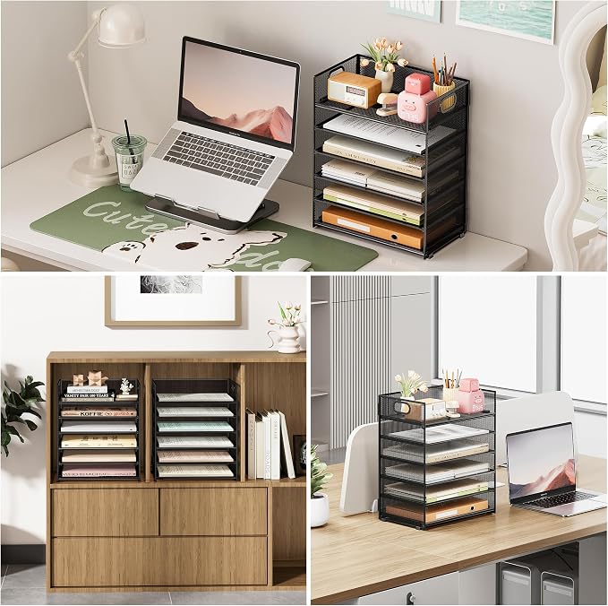 Subekyu 6 Tier Paper File Tray Organizer for Desk, Black Mesh Desk Letter Paper File Folder Accessories Sorter Organizer with Handle, Stackable Slide Tray for Office, Home or School Supplies Storage - Image 4