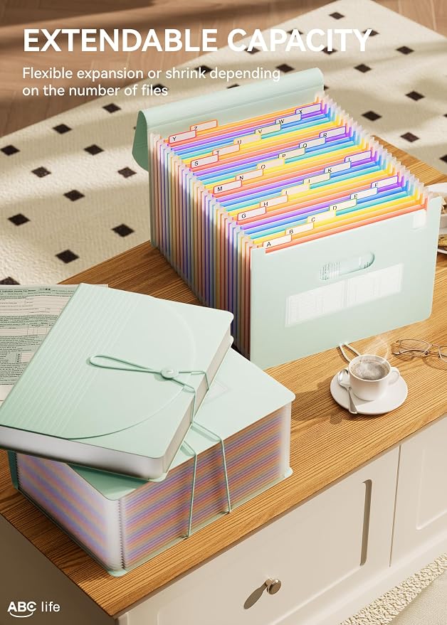 ABC life 26-Pocket Accordion File Organizer, Expanding File Folder | Letter/A4 Size, Plastic Monthly Bill & Tax Receipt Holder with A-Z Tabs for Home, Office, Classroom - Sage Green - Image 3