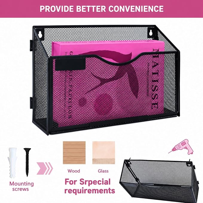 1 Pocket Mesh Wall File Holder Organizer Office Hanging File Folder Magazine Rack (Black) - Image 4