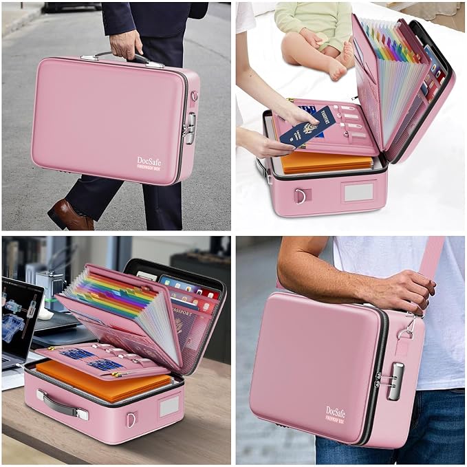 DocSafe Fireproof Document Box Hard Case with Lock ＆ Accordion File Folder | Fire and Water Resistant Safe Box,File Organizer,Multi-Pocket,Home Office Travel Storage for Important Document,Laptop,Pink - Image 7