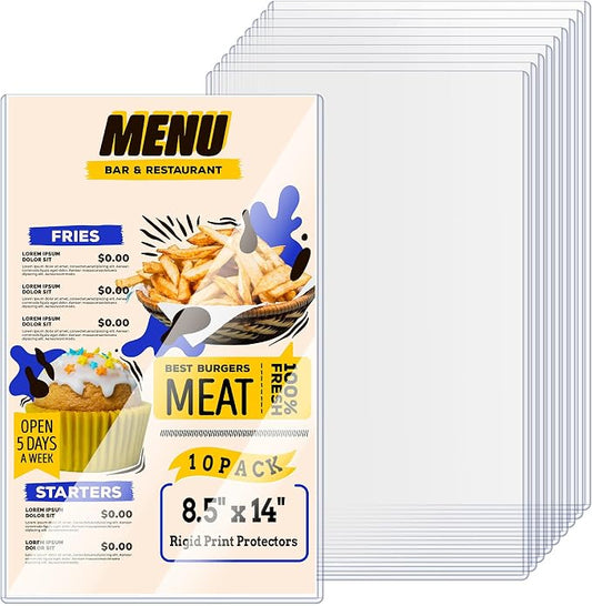 AKONEGE 10PCS Menu Covers 8.5" x 14" Rigid Print Protectors Clear Plastic Page Sheet Protectors for Legal Size Paper, Top Loading Hard Plastic Paper Sleeves for Poster Document Photo Birth Certificate by AKONEGE
