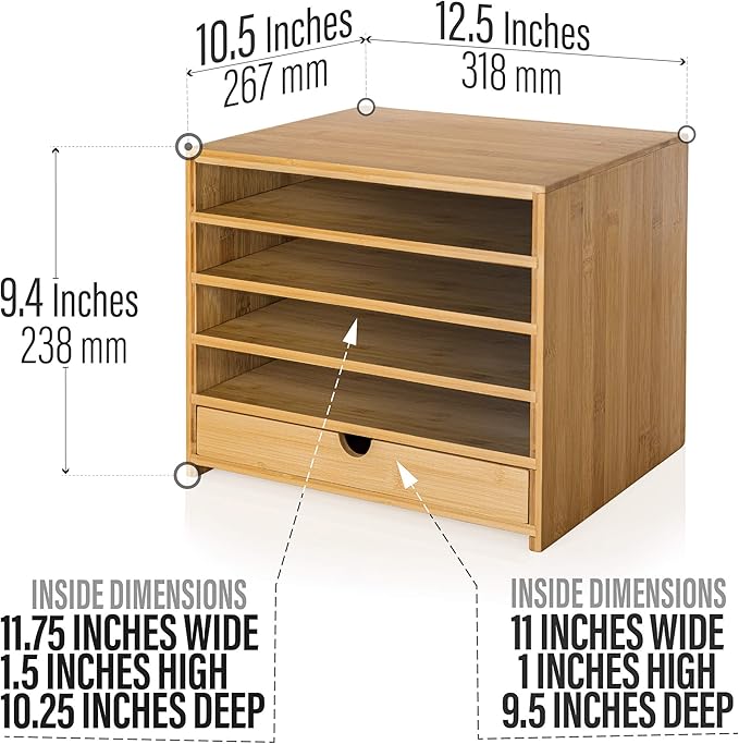 Prosumer's Choice Bamboo Four Cubby Paper Letter Tray Organizer with Single Pull-Out Drawer for Home and Office | Desktop Organizer with Drawer - Natural Bamboo Color - Image 2