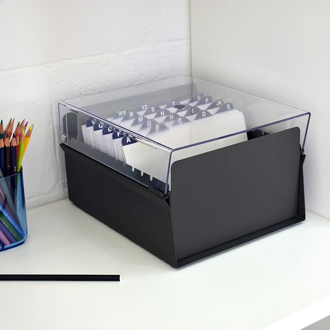 Acrimet 5 X 8 Card File Holder Organizer Box Metal Base Heavy Duty (AZ Index Cards and Divider Included) (Black Color with Clear Crystal Plastic Lid Cover) | With A-Z Index & Non-Slip - Image 2