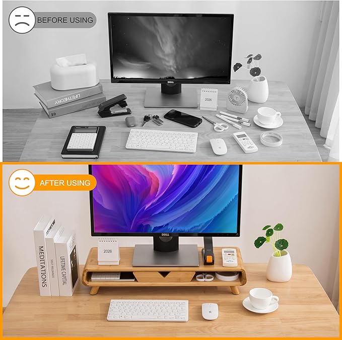 Homerays Bamboo Monitor Stand Riser, No Assembly Required Exquisite Monitor Stand with Drawer Ergonomic Height Wood Monitor Stand - Image 3