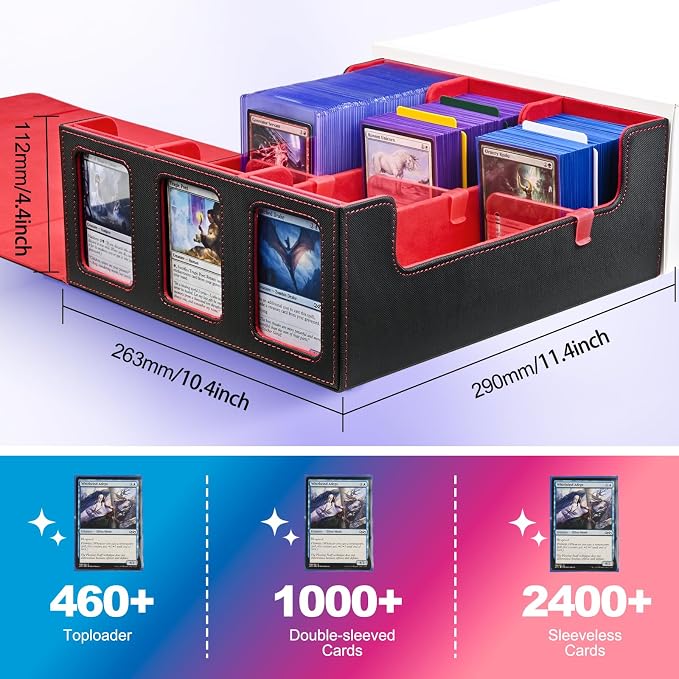 UAONO 3-Row Trading Card Storage Box with Commander Display, Black Red | 1800+ Commander Deck Box for MTG, Bulk Card Case Fits Magic TCG PTCG Sports Cards, 10 Dividers & 3 Stoppers - Image 4