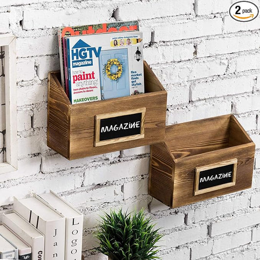 MyGift Rustic Burnt Wood Wall Mounted Mail File Magazine Holder Set of 2 | Burnt Wood Finish, Chalkboard Label, Space Saving Storage, Entryway Organization, Office Document Sorting, Farmhouse Style by MyGiftHome