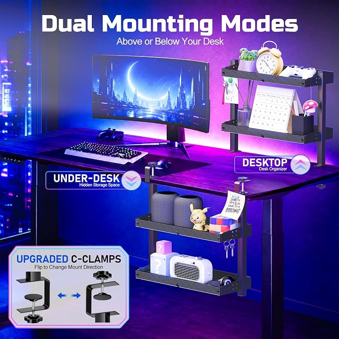 17 inch Adjustable 2-Tier Clamp On Desk Shelf with Hooks | Heavy Duty, Holds 44 lbs, No Drill, for Home Office, Gaming & Desk Organizer - Image 5