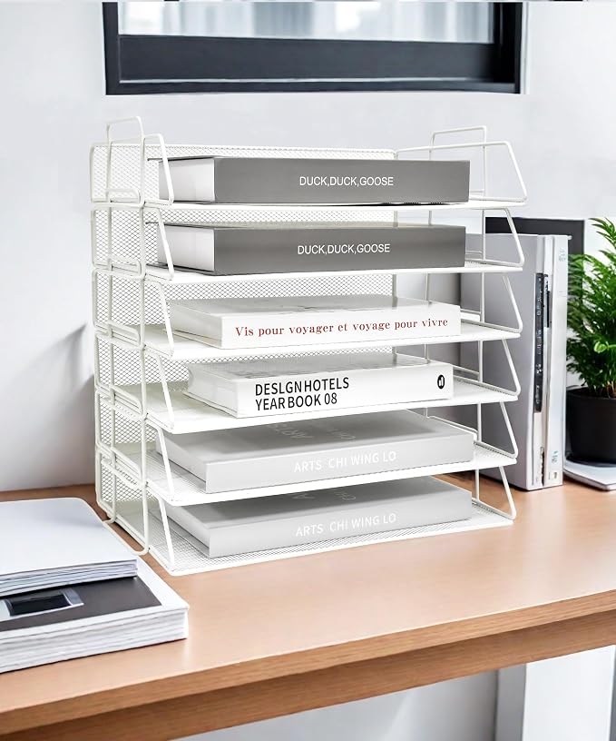 YFS A4 Mesh Letter File Folder Holder, Paper Organizer Letter Tray with Handle, 6 Tier Stackable Letter Tray, Document Organizer, Office Decor (A4,Horizontal,White, 6 Tier) by wen-liz-US
