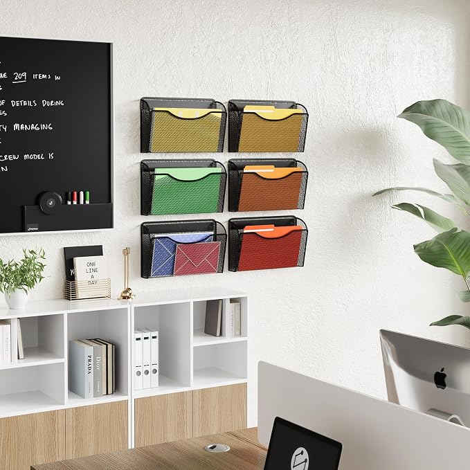 MINDEPOT Wall File Organizer, Hanging Wall File Holder, 2 Pack, Black | Heavy Duty Iron, Metal Mesh Wall Mount, Single Pocket, Mail Organizer, for Office School Classroom Home, Letter A4 Size - Image 5