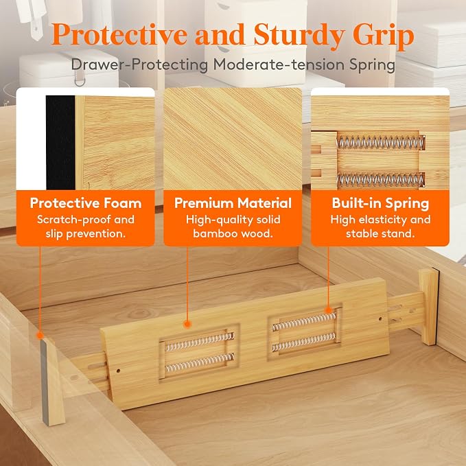 Lifewit 4" High 8 Pack Bamboo Drawer Dividers 43-54cm/17-21.5" Adjustable Wooden Drawer Organizer for Clothes/Utensils, Expandable Drawer Separator for Dresser/Kitchen/Bedroom/Office Organization - Image 3