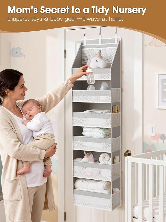 2 Pack Over The Door Organizer, Heavy-Duty 6-Shelf Hanging Storage with 13 Mesh Pockets, 55lbs Capacity Behind The Door Storage for Nursery, Bathroom, Bedroom, and Dorm, Grey - Image 8