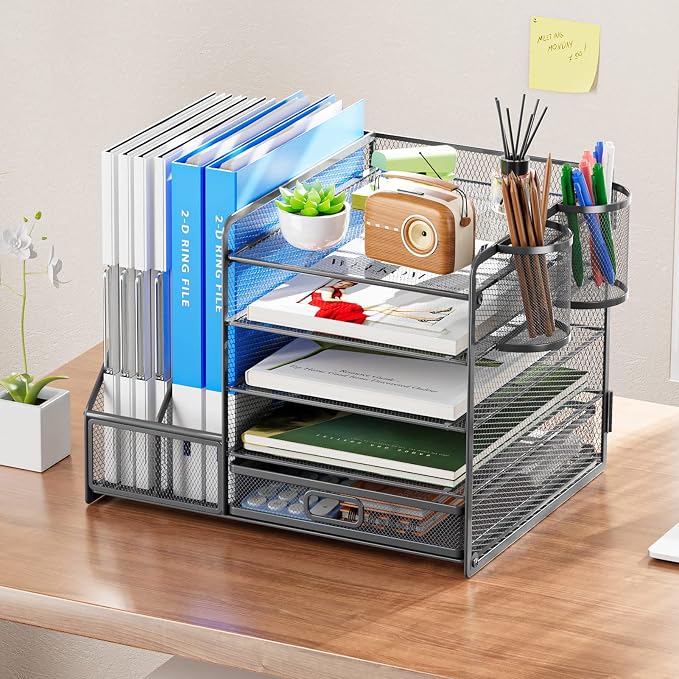 Marbrasse 5-Tier Paper Letter Tray Organizer with Drawer and Pen Holder, Mesh Desktop Organizer and Storage with Magazine Holder for Office Supplies (Grey) - Image 3