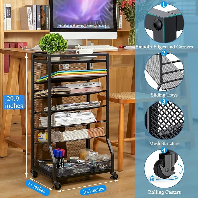 ThreeHio 7 Tier Rolling File Cart with Sliding Trays, Wood Metal File Organizer Beside Desk, Free-Standing File Holder, Paper Letter Tray Organizer Mesh Desk Organizer for Home Office School (Patent) - Image 6
