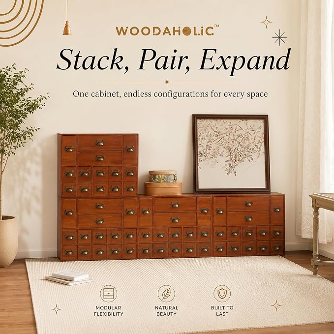 56-Drawer Apothecary Cabinet, Stackable & Modular Vintage Library Card Catalog Organizer, Solid Wood Storage Box with Brass Pulls & Label Holders for Trading Cards, Beads, Stickers & Hardware - Image 5