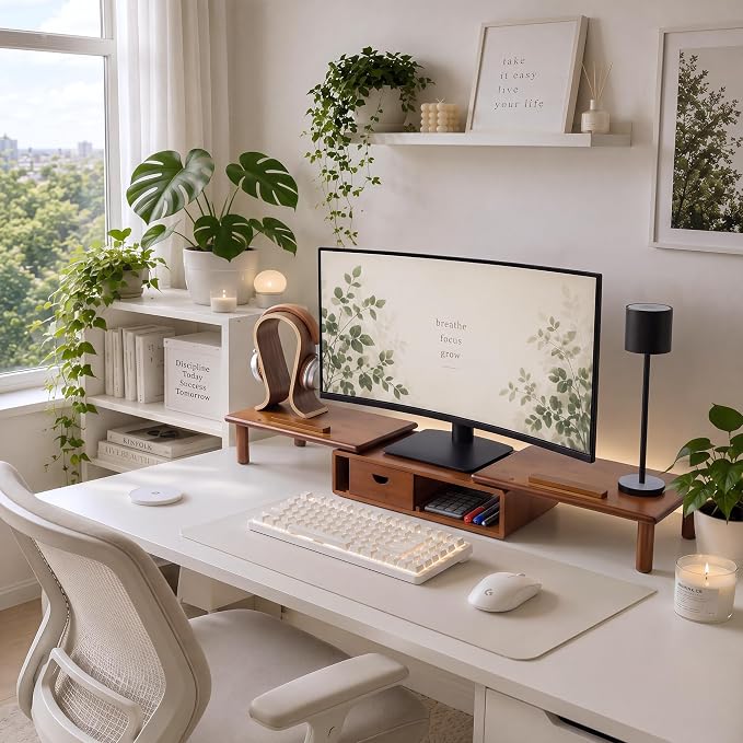Dual Monitor Stand Riser with Drawer for Desk Laptop | Desk Shelf with Adjustable Length and Angle, Bamboo Computer Stand Riser for 2 or 3 Monitors Screen Laptop PC TV Brown - Image 5