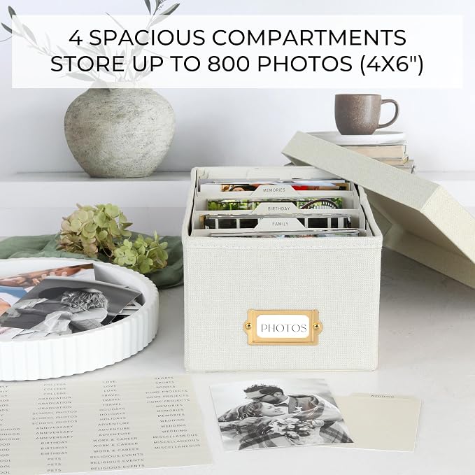 ZICOTO Decorative Photo Storage Box - Sturdy Linen Photo Organizer with Dividers is Perfect to Store Up to 850 Pictures and 4x6 Photos - Portable Scrapbook Storage Containers with Lid - Image 5