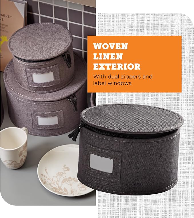4-Piece Quilted China Plate Storage Set | Felt Dividers | Gray | 4-Piece Quilted Plate Set - Dinner, Salad, Dessert & Saucer Cases, 12 Plates Each. Felt Dividers, Dual Zippers. - Image 6