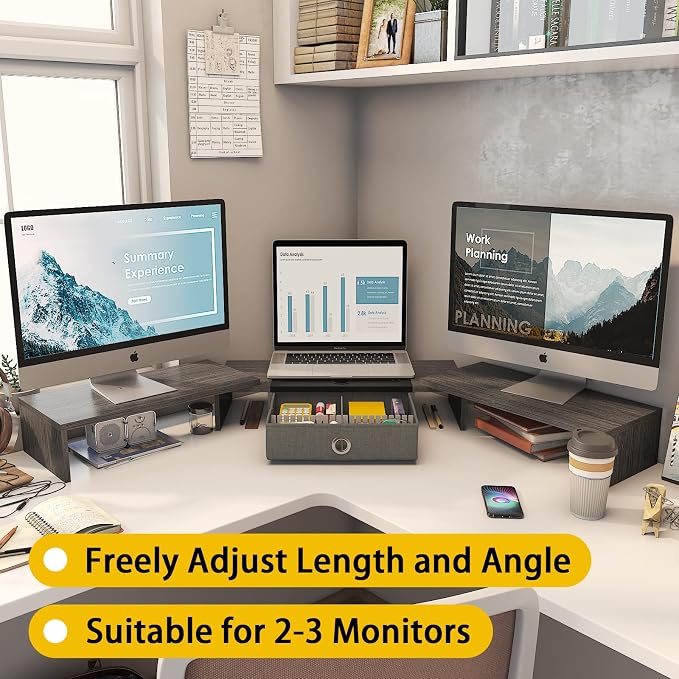 WESTREE Triple Dual Monitor Stand Riser with Drawer,Extra Large Adjustable for 2~3 Monitors,Solt for Phone & Tablet, Desktop Organizer Stand for Computer,Laptop,Printer,TV - Image 3