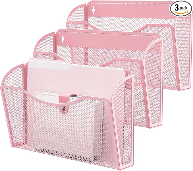MINDEPOT Wall File Organizer, Hanging Wall File Holder, 3 Pack, Pink | Heavy Duty Iron, Metal Mesh Wall Mount, Single Pocket, Mail Organizer, for Office School Classroom Home, Letter A4 Size by MINDEPOT