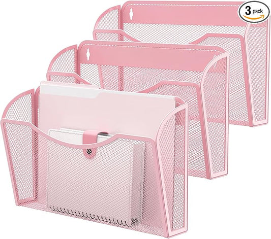 MINDEPOT Wall File Organizer, Hanging Wall File Holder, 3 Pack, Pink | Heavy Duty Iron, Metal Mesh Wall Mount, Single Pocket, Mail Organizer, for Office School Classroom Home, Letter A4 Size by MINDEPOT