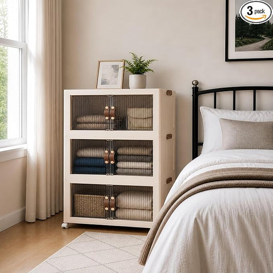 SAILUN 348Qt Stackable Storage Bins,Storage Cabinet a Lid,3Pack Blush White | Stackable Storage Drawers with Lids,26" W x 17" D x 43.7" H,Featuring open-front Access for Clothes and Closet Storage by SAILUN
