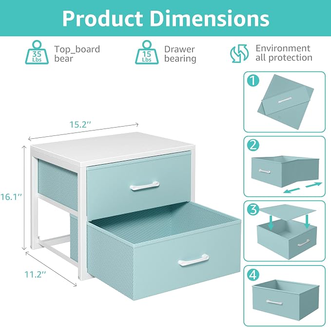 BOLUO Stackable Storage Drawers Closet Organizers and Storage Fabric Blue 2 Drawer Dresser for Bedroom 2 Packs Modern - Image 3