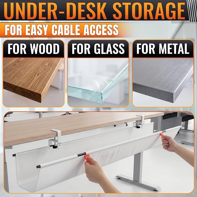 Under Desk Cable Management Tray 48" — No Drill Clamp-On Cord Organizer for Desk with Built-in Ties, Heavy Duty Metal Clamp, Foldable 600D Oxford Fabric for Home Office, WFH & Gaming PC Setup (White) - Image 6