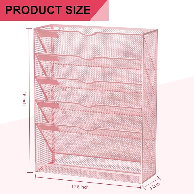 Hanging Wall File Organizer 6 Tier Wall Mounted Mail Paper Folder Holder Document Organization Stand, Vertical Desk Magazine Rack for Office Home Cubicle Countertop, Pink - Image 3