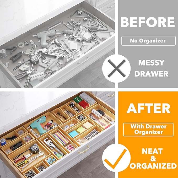 SpaceAid 21-Piece Bamboo Drawer Organizer Storage Boxes Set, Wood Tray Junk Drawer Organizers Multi-Use Divider Bins for Kitchen, Bathroom, Office Desk and Makeup Organization (21 Pack, Natural) - Image 2