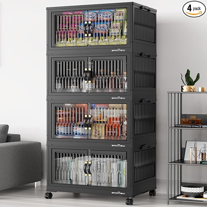 BROVIEW 320Qt Stackable Storage Bins with Lid, Extra Large Closet Organizer Collapsible Drawer Boxes with Wheels, Folding Plastic Cabinet Containers for Home Kitchen Room Organization, 4Pack Black by BROVIEW-EnjoytheArtofLife