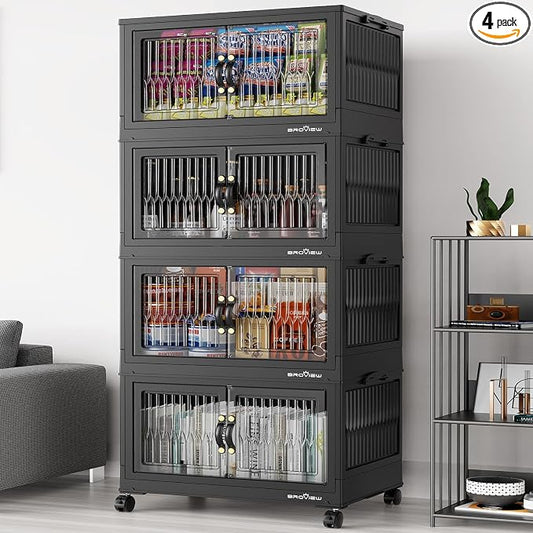 BROVIEW 320Qt Stackable Storage Bins with Lid, Extra Large Closet Organizer Collapsible Drawer Boxes with Wheels, Folding Plastic Cabinet Containers for Home Kitchen Room Organization, 4Pack Black by BROVIEW-EnjoytheArtofLife