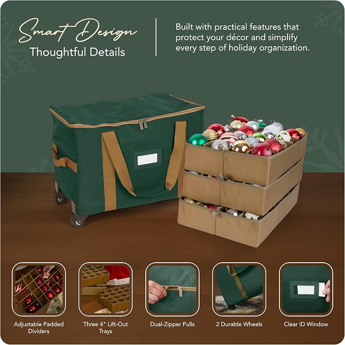 Covermates Keepsakes Rolling Adjustable Ornament Storage Bag – Heavy-Duty Polyester, FlexGrid Trays & Padded Dividers – Protective Holiday Organizer with Wheels, Handles & ID Window, Green - Image 4