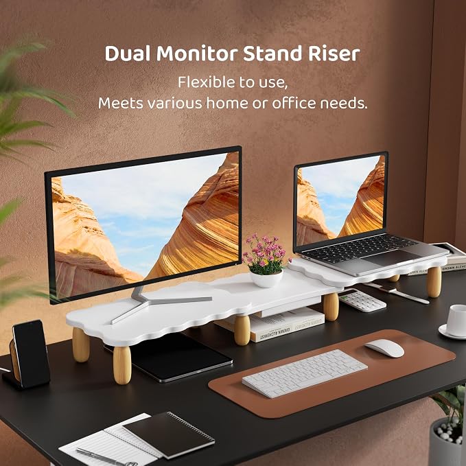 AFOOYO Dual Monitor Riser, Cookie-Shaped Adjustable Length & Swivel Angle, Wooden Desktop Organizer for 2 Monitors,Monitor Stand with Drawer for Laptop, PC, Computer, Printer,White - Image 2