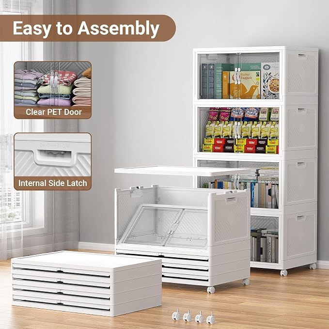 BROVIEW 300QT Large Stackable Storage Bins with Clear Doors, V20 3Pack | 75Gal Plastic Closet Organizer Cabinet with Lid and Wheels, Collapsible Latch Box Folding Drawer for Home, White - Image 5