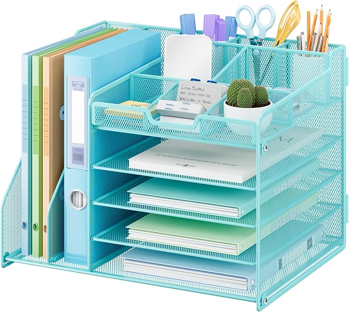 Lavatino 5-Tier Desk Organizer with 2 File Holders, Metal Adjustable Paper Letter Tray for Office or Home Desk Organizers and Accessories | 7 Flexible Dividers Keep Workspace Supplies Neat, Blue by Lavatino
