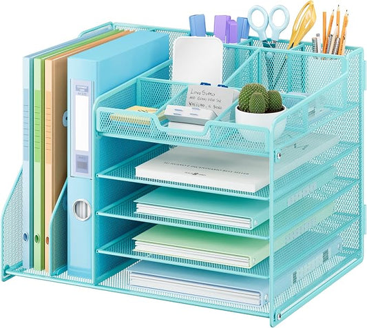 Lavatino 5-Tier Desk Organizer with 2 File Holders, Metal Adjustable Paper Letter Tray for Office or Home Desk Organizers and Accessories | 7 Flexible Dividers Keep Workspace Supplies Neat, Blue by Lavatino