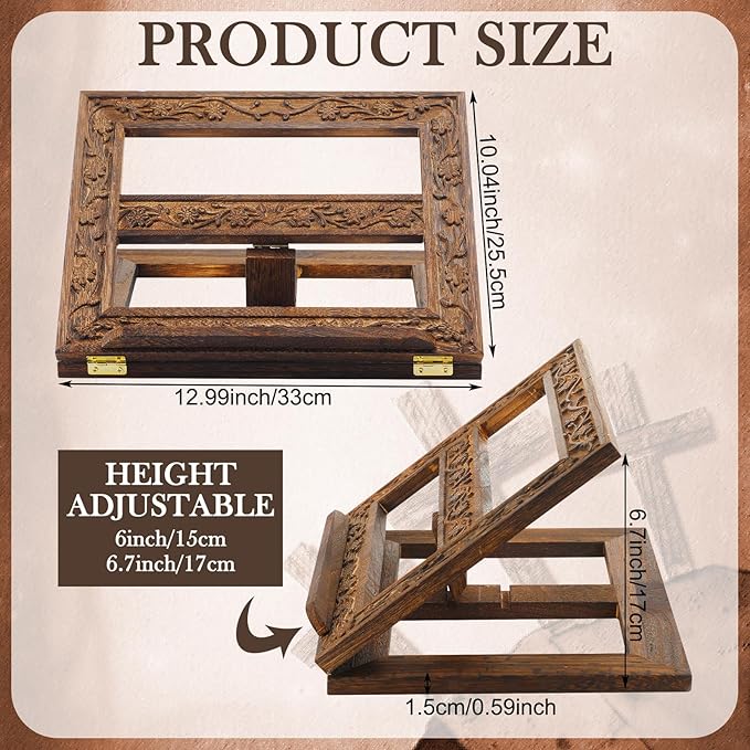 DoubleFill Adjustable Wooden Bible Stand Carved Bible Holder Missal Stand Book Display for Reading Folding Religious Prayer Wooden Holy Book Holder 12.99 x 10.04 Inches(Dark Brown) - Image 2