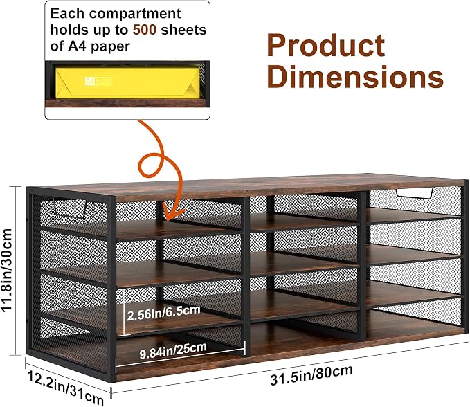 TQVAI 12 Compartments Desktop Literature Organizer, Metal Frame Paper Sorter with Handles, Heavy Duty Mailbox for Classroom and Office, Wood File Organizer for Document, Bill, Magazine, Antique Brown - Image 2