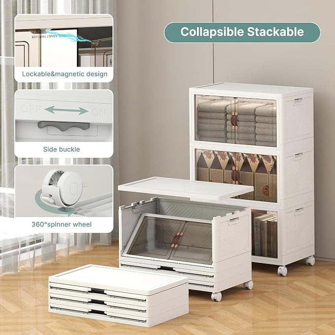144QT Lockable Plastic Storage Bins, 3 Pack Collapsible Cabinets | Stackable Organizer with Doors & Wheels, Foldable Containers for Bedroom, Dorm, Office & Garage Storage - Image 3