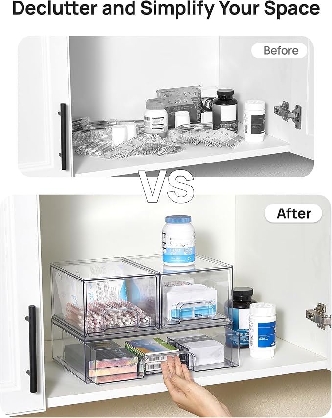 Vtopmart Stackable Storage Drawers Set of 4, Clear Plastic Organizer Bins for Bathroom Supplies,Ideal for Cabinet,Pantry,Laundry Room Organization - Image 5