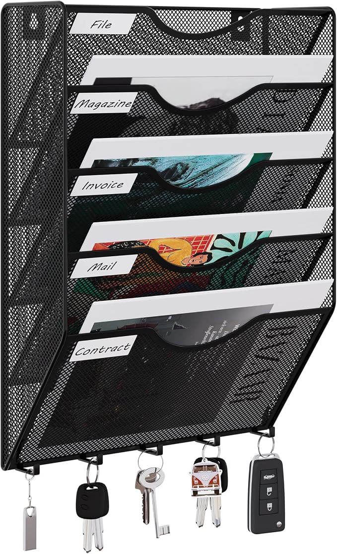 EasyPAG 5 Pocket Mesh Wall File Organizer with Key Hooks, Hanging Paper Folder Holder with Classify Label, Vertical Wall Mount Mail Organizer for Office Home Classroom, Black by EasyPAG