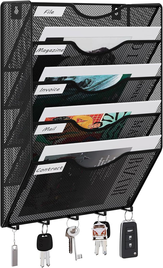 EasyPAG 5 Pocket Mesh Wall File Organizer with Key Hooks, Hanging Paper Folder Holder with Classify Label, Vertical Wall Mount Mail Organizer for Office Home Classroom, Black by EasyPAG