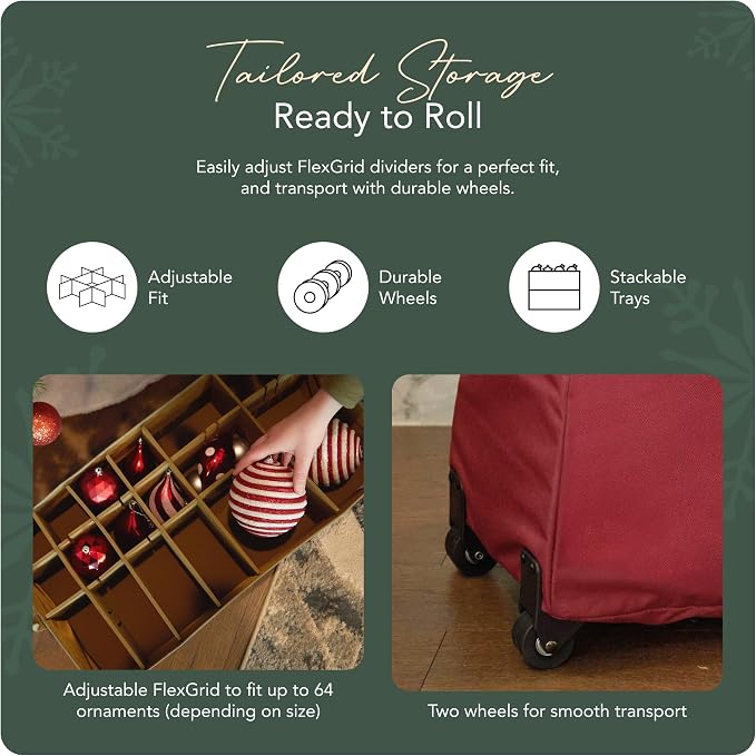 Covermates Keepsakes Rolling Adjustable Ornament Storage Bag – Heavy-Duty Polyester, FlexGrid Trays & Padded Dividers – Protective Holiday Organizer with Wheels, Handles & ID Window, Red - Image 5