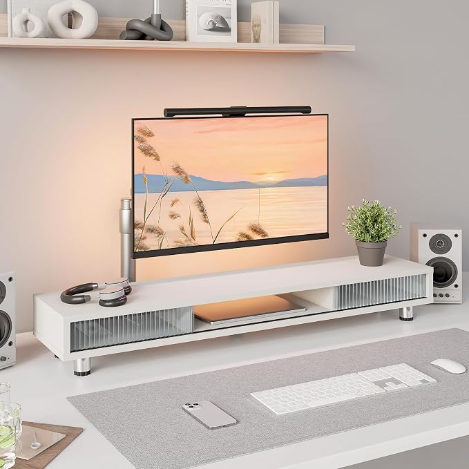 Fenge Dual Monitor Stand with Storage, Desk Shelf with Glass Sliding Door | Ergonomic Height Adjustment, 42.5in Monitor Shelf, 2-Tier Monitor Riser, Desk Organizer for Screen, PC, Laptop, White - Image 2