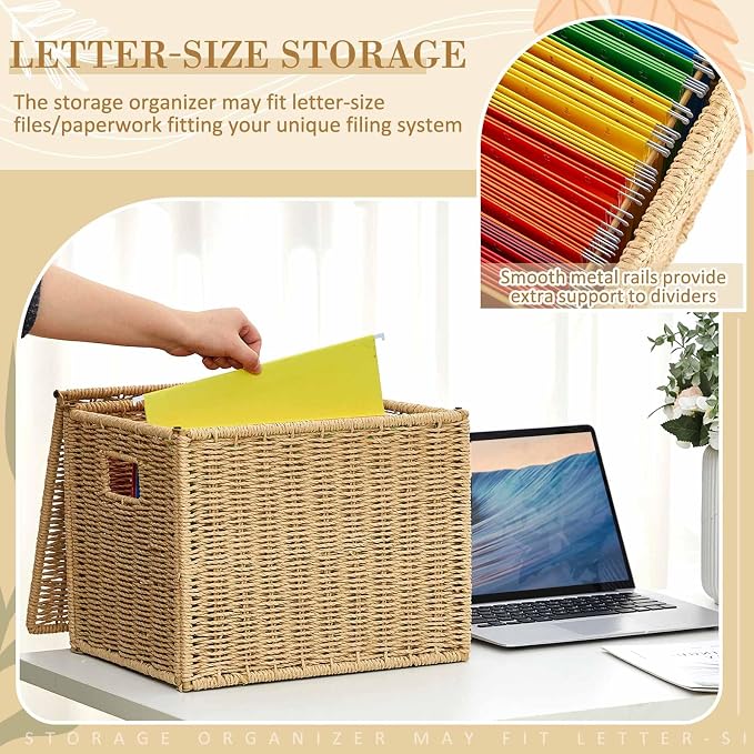 Jingmore Paper Rope File Box Organizer with 25 Hanging File Folders, Collapsible Letter Size Filing Storage Box with Lid, Handwoven Document Basket, Decorative Document Storage for Office & Home - Image 3