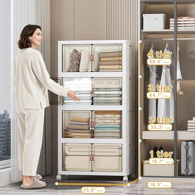 Stackable Storage Bins, 448QT Collapsible Drawers with Lid & Wheels | Large Capacity, Magnetic Door, Stack Lock, Rolling Casters, Foldable Design, Organizers and Storage for Bedroom Dorm Garage - Image 2