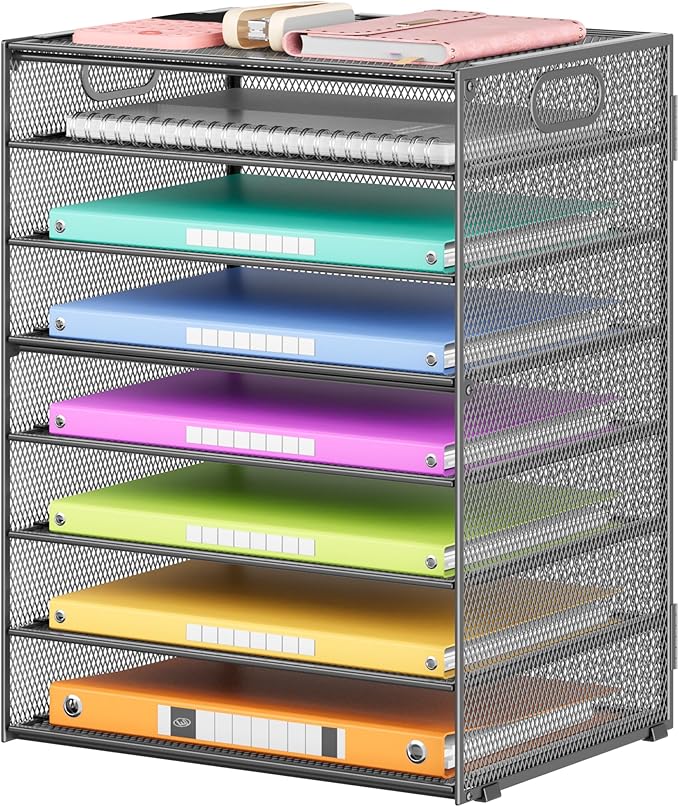 Lavatino 8-Tier Office Desk File Organizer, Letter Tray Paper Organizer with Handle, Including 5 Adjustable Slide Trays for Organizing Desktop Workspace Accessories and Supplies (Grey Metal Mesh) by Lavatino